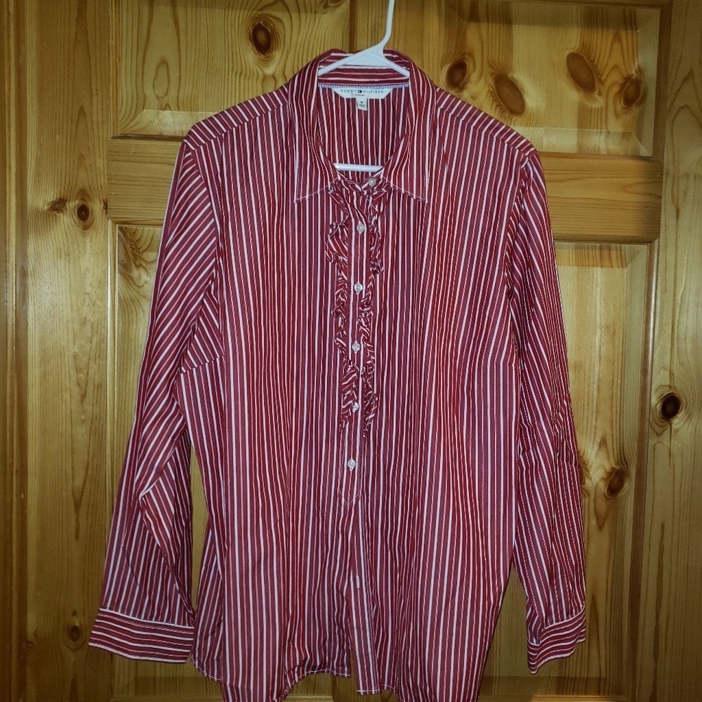 Tommy Hilfiger Woman Red White Striped Ruffle Front Button Down Shirt Size 18